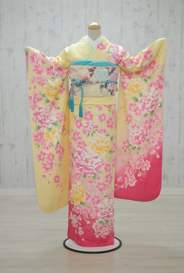 L'avenir / 振袖 黄色裾ピンクぼかし牡丹桜１６４１